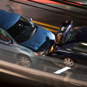 Overhead view of a car accident on a busy street