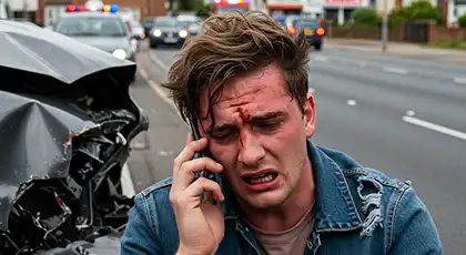 Injured man with a bloodied forehead sits distressed on the roadside after a car accident, speaking on the phone
