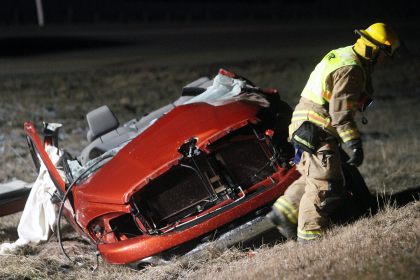 Severely damaged vehicle at a crash scene highlighting serious injury risk