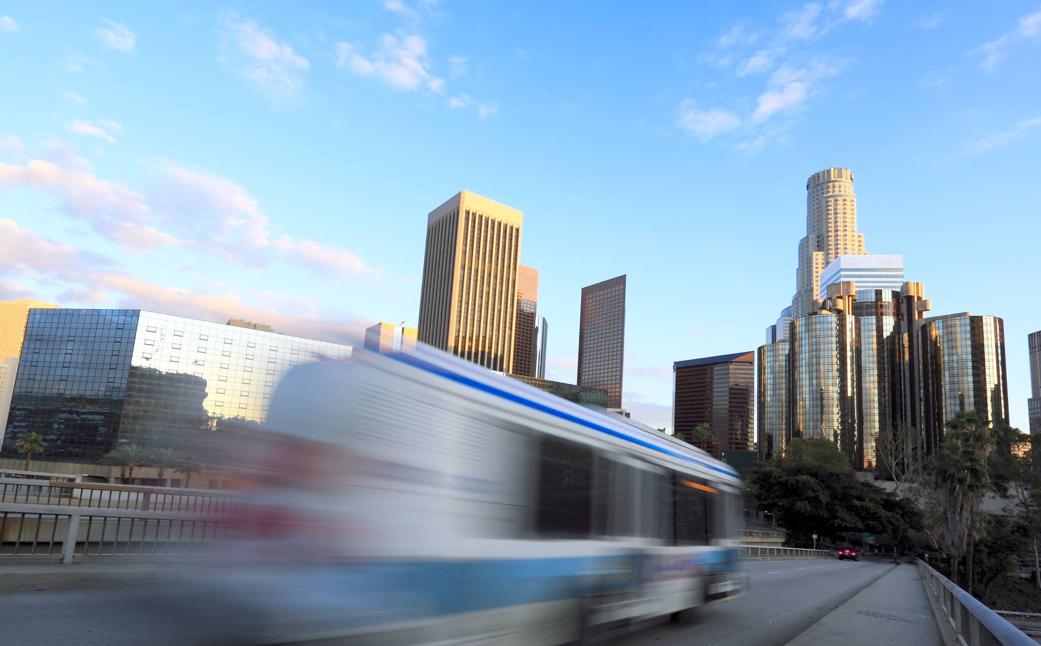 Bus zooming through California streets