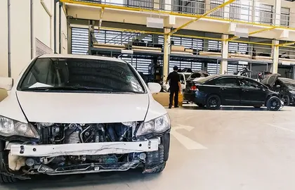 Damaged car in a body shop