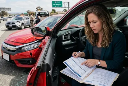Driver reviewing insurance paperwork after a car accident about who pays for vehicle repairs