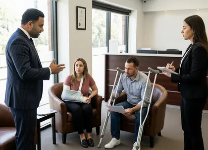 A lawyer discussion with an injured man and woman after a car accident