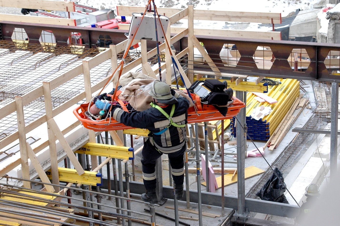 Worker being airlifted due to a scaffolding accident