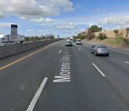 [10-03-2023] White Dodge Mustang and Blue Pickup Truck Collides in Moreno Valley, Causing Slowdown