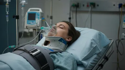 Car crash victim hospitalized with neck brace and oxygen mask for catastrophic injuries