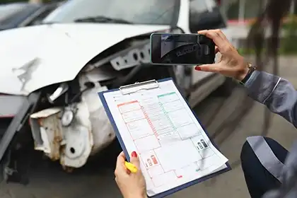 Person photographing a damaged car and completing a California police accident report