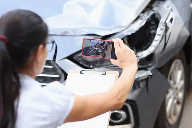 A woman taking photos of the damage to her car for an insurance claim in Napa County.