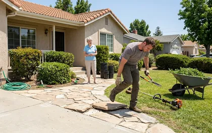Escena del accidente de mantenimiento de una propiedad con un jardinero que tropieza con adoquines desiguales mientras recorta los bordes del césped