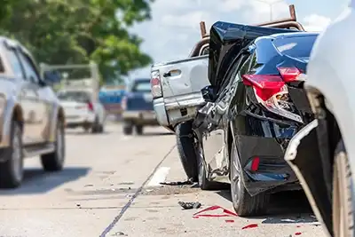 Multi-vehicle crash scene showing severe rear-end damage on a roadway