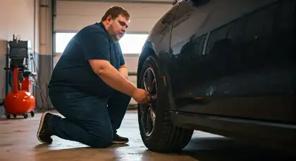 Overweight individual inspecting vehicle wheel during routine car maintenance for road safety