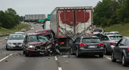 Big rig rear-end collision causes a chain-reaction crash involving multiple vehicles on the freeway