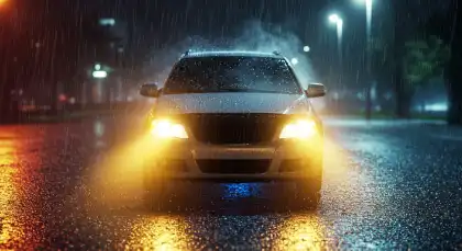 Car driving at night in heavy rain with headlights on