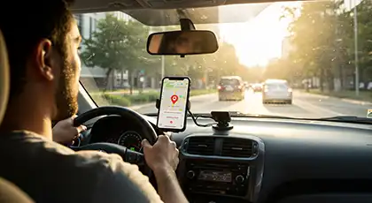Driver following navigation app while driving on a sunlit city street.