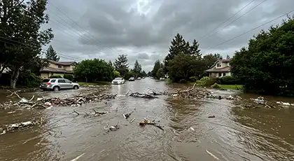 Flooded residential street with partially submerged vehicles and debris blocking the road after heavy rain