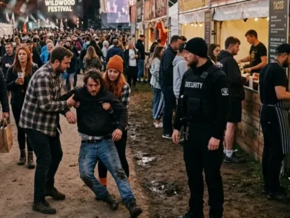 Injured man being helped by staff in a crowded Coachella festival, highlighting negligent security and foreseeable crowd risks