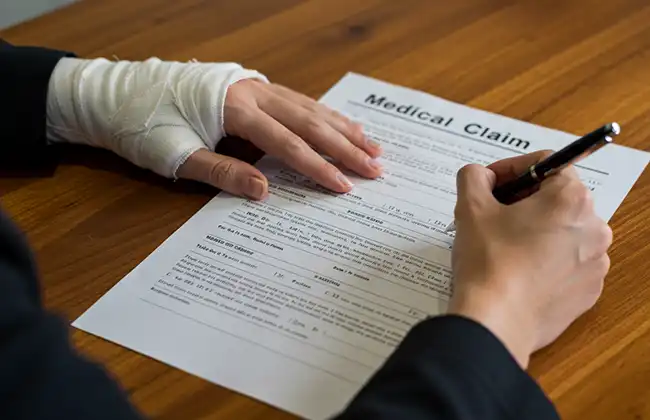 Injured person with a bandaged hand filling out a medical claim form for personal injury compensation