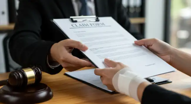 Injured person with a bandaged wrist receiving a claim form from a lawyer at a legal office