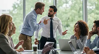 Male employee aggressively confronting a coworker during a tense meeting