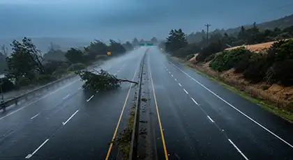 Fallen tree due to high winds blocking lanes on the highway after a rainstorm