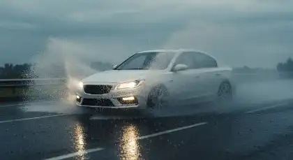 A car skidding across a wet highway during heavy rain