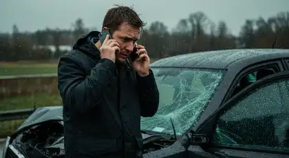 Distressed victim calling for help after a car accident during heavy rain