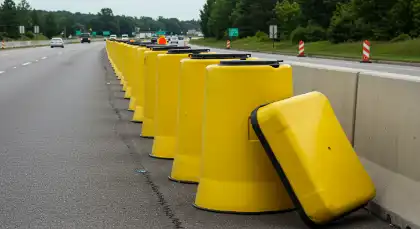 a long line of yellow crash barrels besides concrete barriers