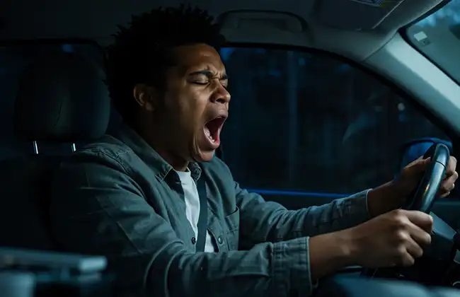 Fatigued driver yawning behind the wheel, a common cause of car accidents in Inyo County