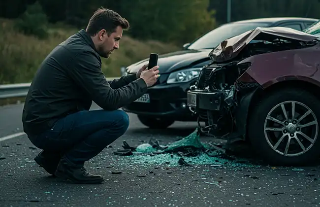 A man taking a photo of vehicle damage after a car accident in Lake County
