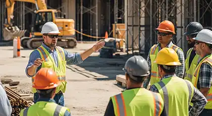 Construction supervisor leads safety meeting on-site