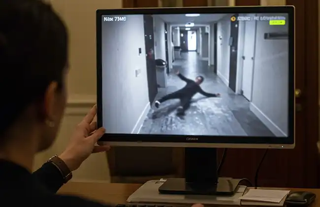 A person reviews security footage on a computer showing a hotel guest slipping and falling in a hallway