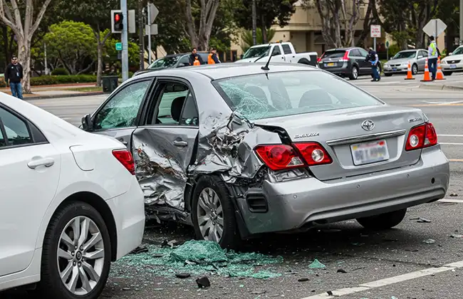 A silver sedan with severe side-impact damage after a T-bone collision at a busy intersection in Plumas County