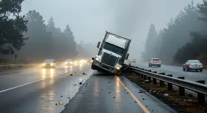 A truck crashes into the median barrier on the highway