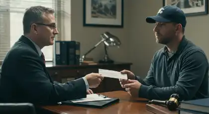 Attorney handing a settlement check to a client after a successful truck accident claim