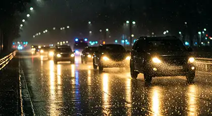 Cars driving at night in heavy rain on wet road.