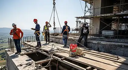 Construction workers operating on a high-rise building site with minimal edge protection