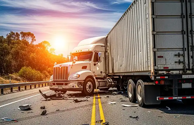 Damaged semi-truck on highway after collision, debris scattered across the road