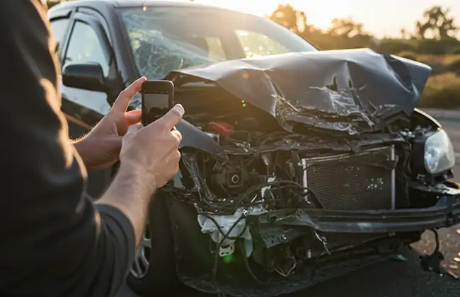 Driver taking photo of severe front-end car damage after an accident to document the crash scene for insurance and legal claims