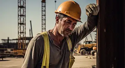 Fatigued construction worker in hard hat leaning against a beam at a job site