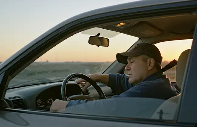 Fatigued driver resting behind the wheel, a common cause of Uber accidents