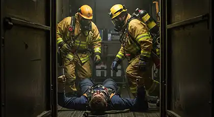 Firefighters in protective gear assist an unconscious worker in a hazardous environment
