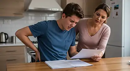 Injured young man reviews documents with a woman at home