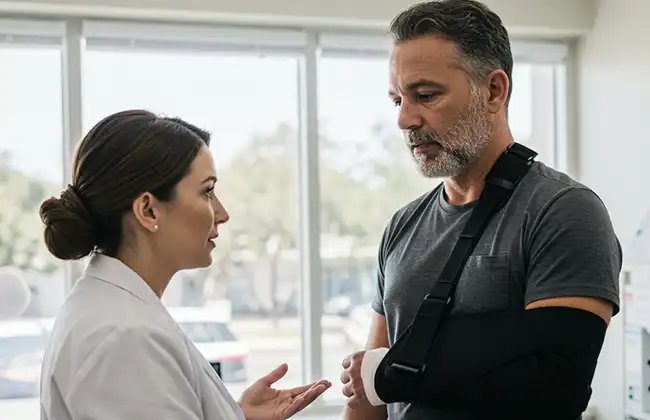 Injured man with arm in a sling speaking to a doctor during a medical consultation