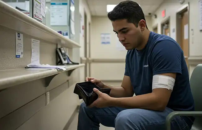 Injured man with bandaged arm looks into empty wallet while sitting in a hospital waiting area