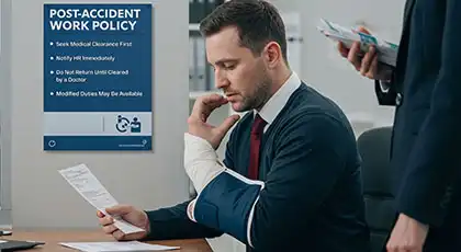 Injured office worker with arm in a sling reviewing documents near a post-accident work policy sign