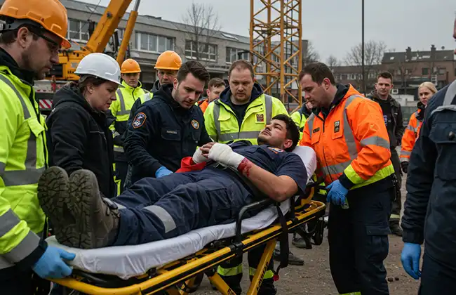 Injured person on a stretcher after a construction site accident