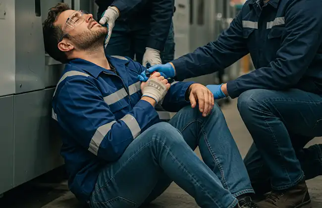 Injured worker receiving assistance on the job site after a workplace accident