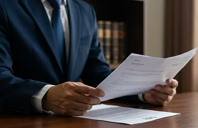 Lawyer in a suit reviewing legal documents at a desk with law books in the background