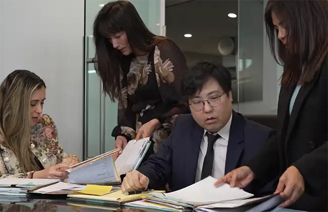 Legal team reviewing case files and evidence to build a personal injury liability claim in California