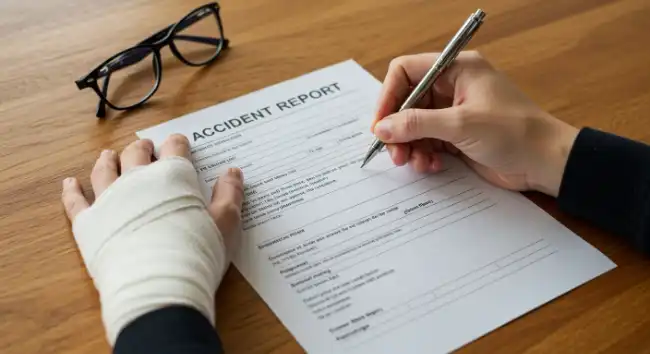 Man filling out an accident report form after a workplace accident in Oakland